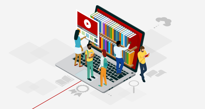 Isometric illustration of people standing on a laptop, selecting books and videos from the screen.