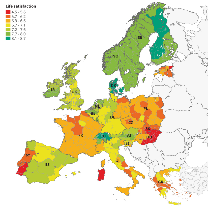 A coloured heat map of Europe showing levels of life satisfaction