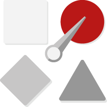 Icon of a dial spinning around four different shapes and selecting a red circle.