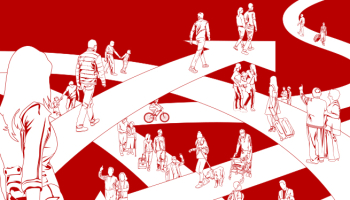 Illustration of diverse groups of people walking along different directional arrows