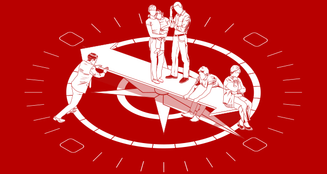 Illustration of a group of diverse people standing on a compass