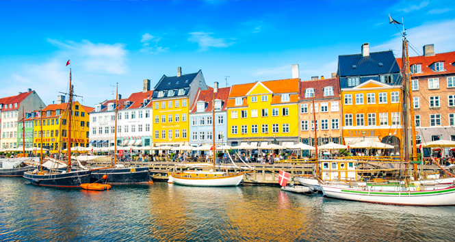 Nyhavn harbour panorama and Copenhagen historic old town in Denmark