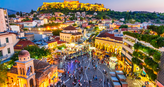 Night image with Athens from above, Monastiraki Square and ancient Acropolis.