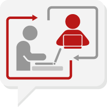 Icon of two people sitting at desks communicating via digital devices.