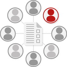 Icon showing a circle of people around a questionnaire, one person is in red, the others are all grey.