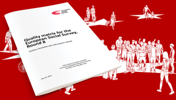 Mock-up of the Quality Matrix Report on a red background with illustrated people